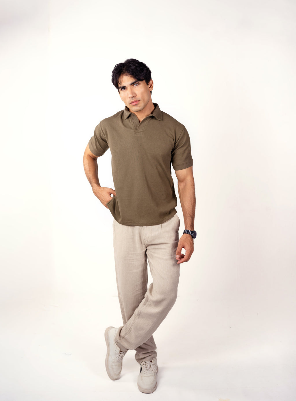 OLIVE KNITTED POLO T-SHIRT