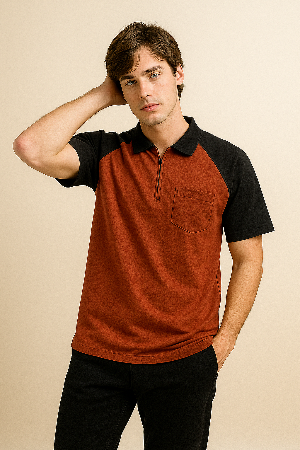 BROWN REGLAN POCKET POLO