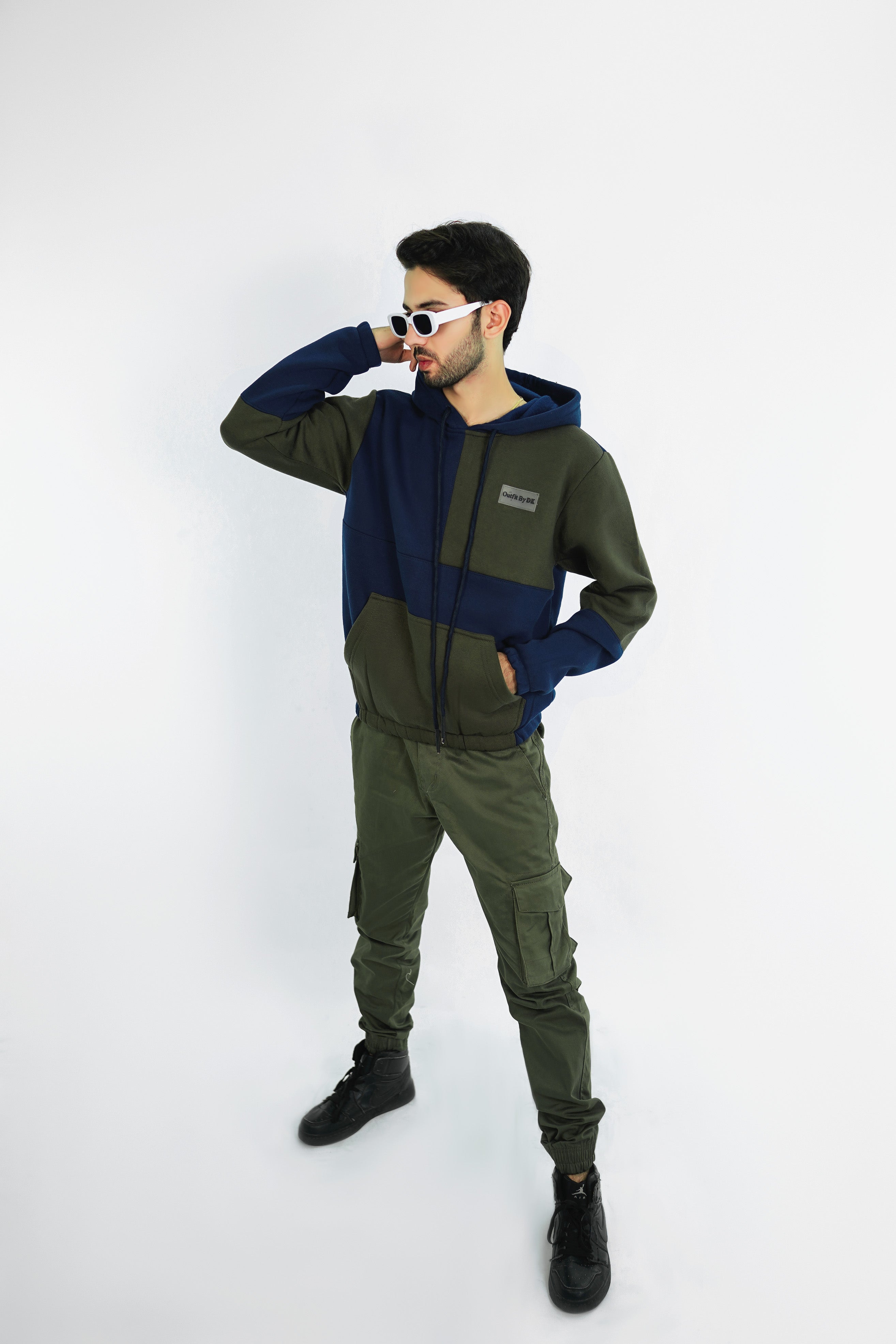 – OLIVE PATCH PANEL HOODIE –