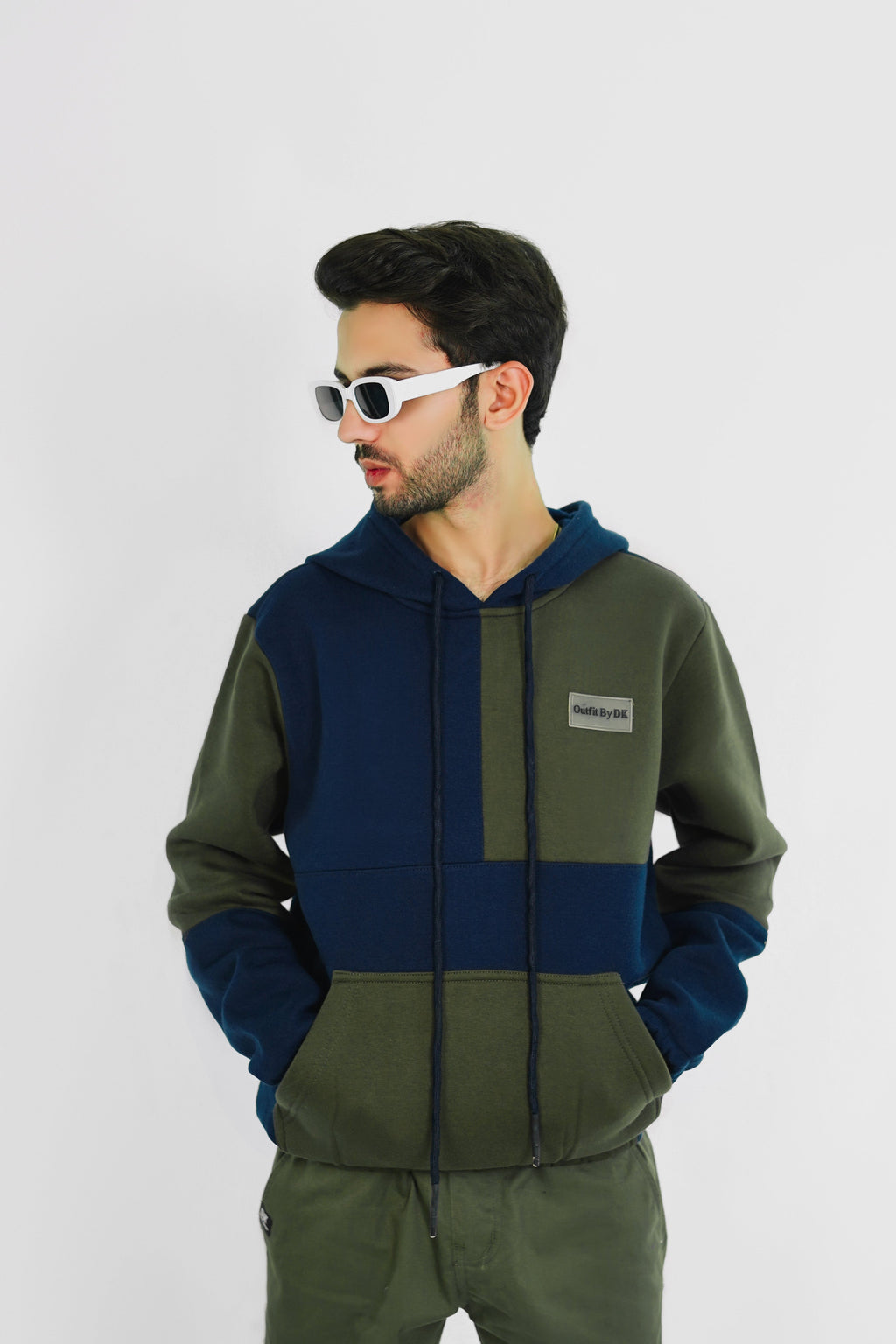 – OLIVE PATCH PANEL HOODIE –