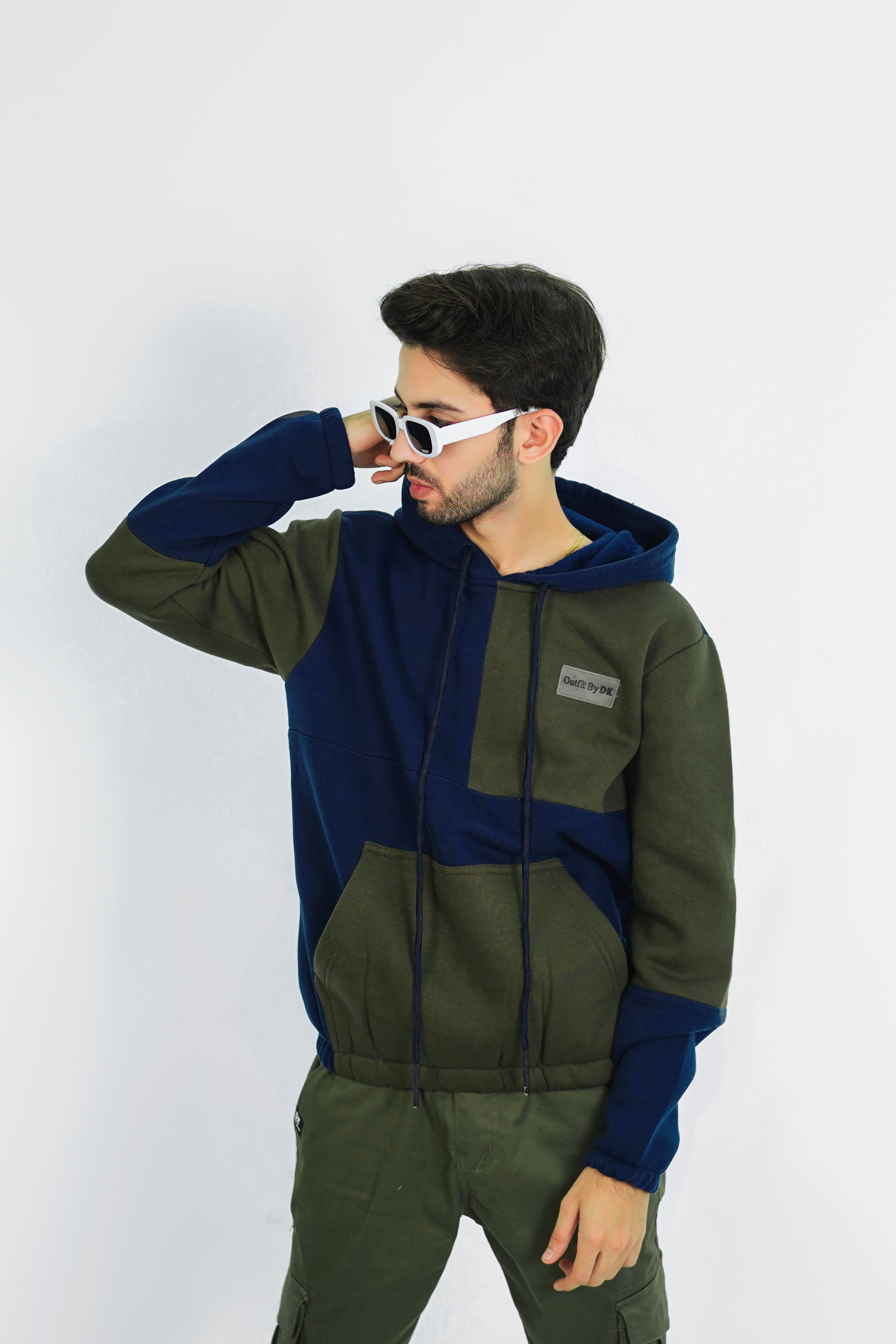 – OLIVE PATCH PANEL HOODIE –