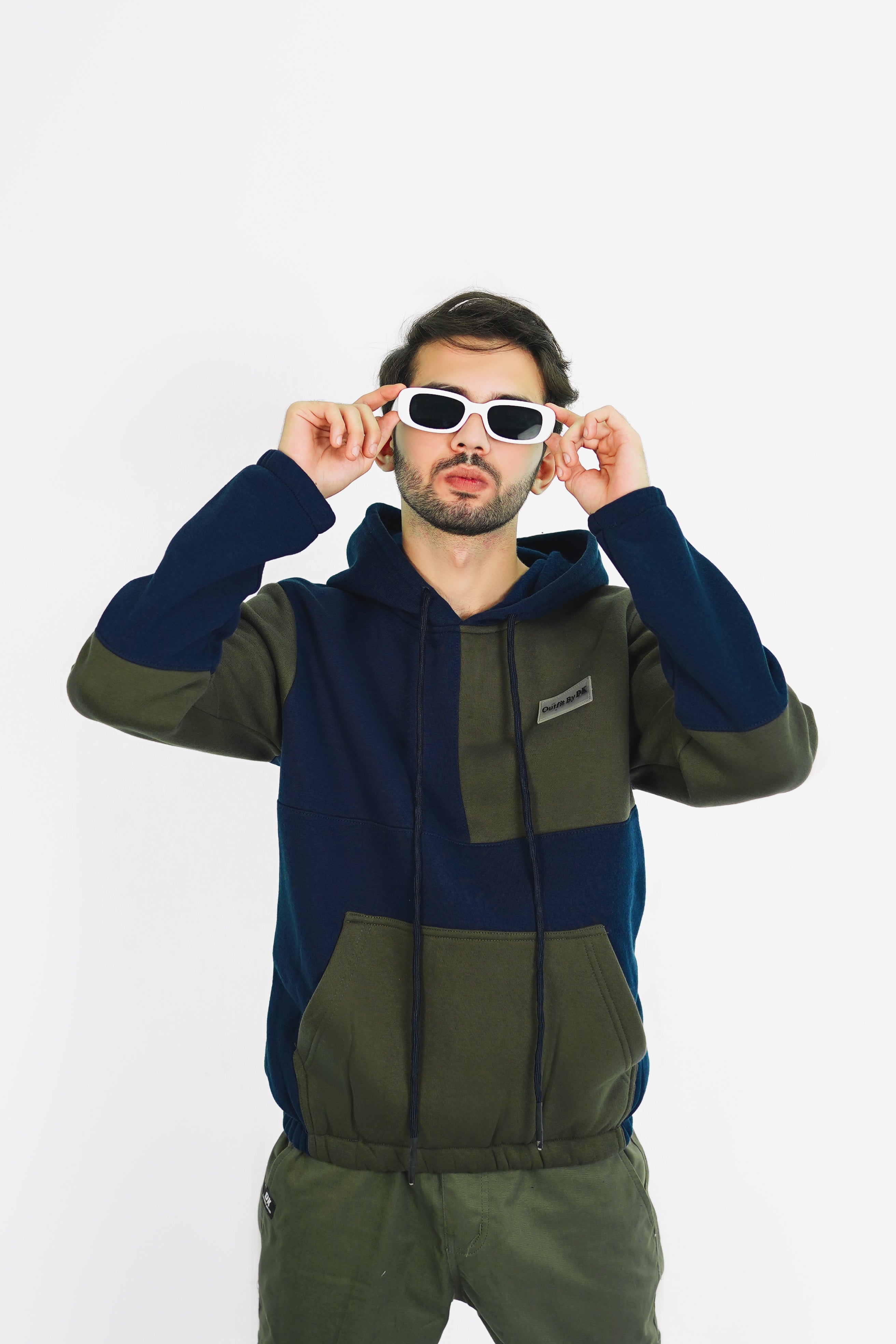 – OLIVE PATCH PANEL HOODIE –