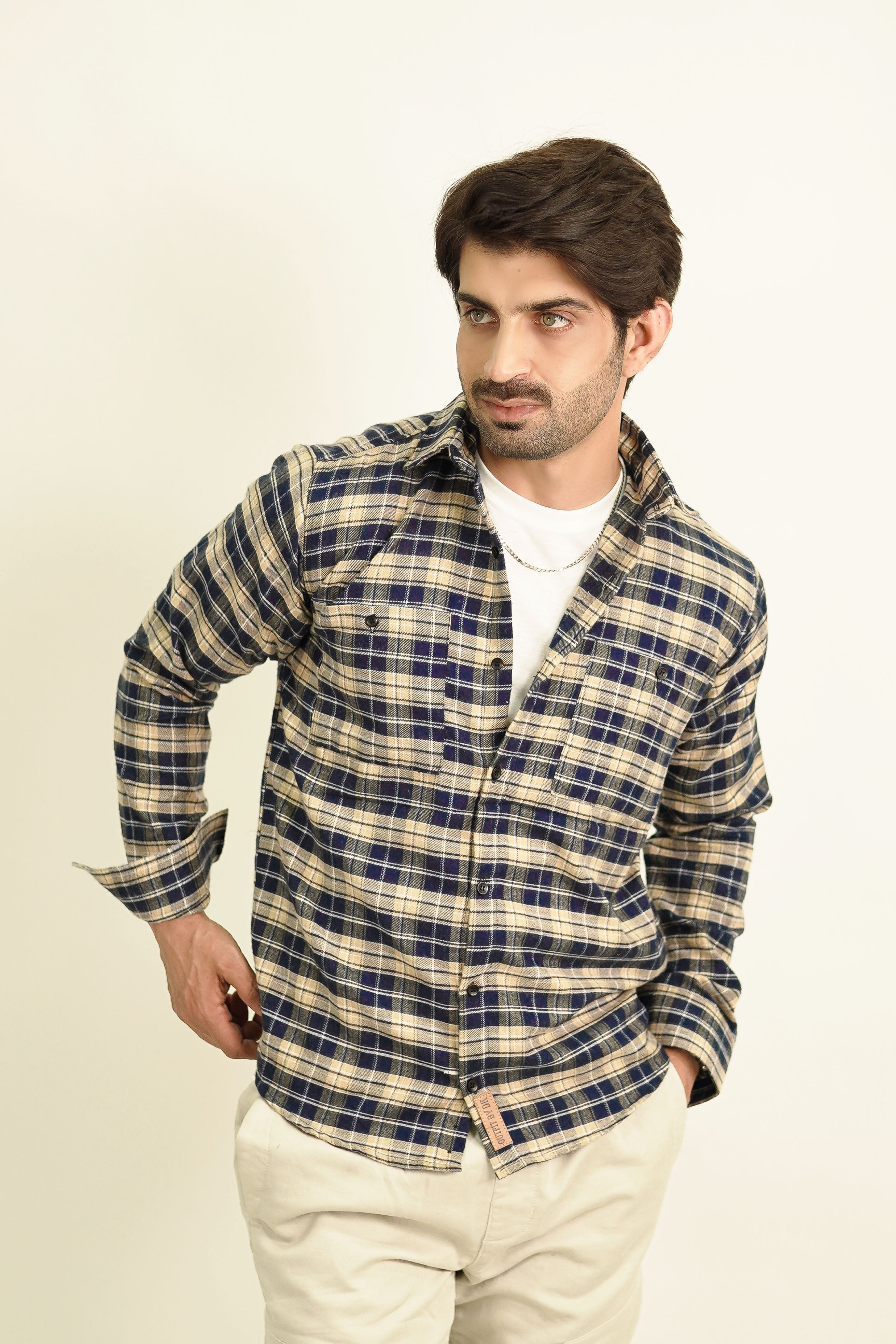 - WIDE DUPPLIN CREAM FLANNEL CHECK SHIRT -